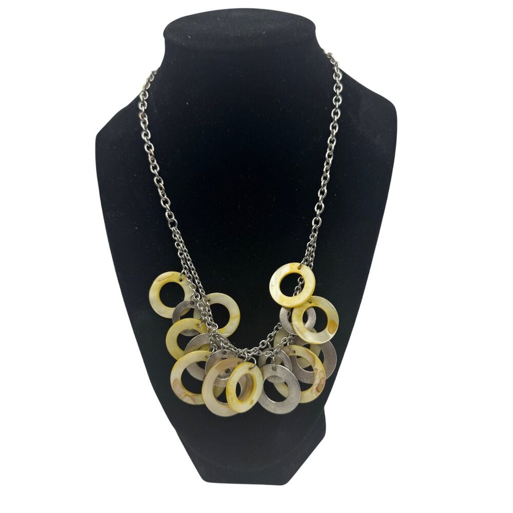 Silver Tone and Shell Multi Disk Necklace Adjustable 18-21 inches Pale Yellow